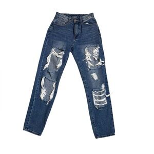 SHEIN Distressed Ripped Jeans W27 L32 High Rise Straight Leg Blue Denim